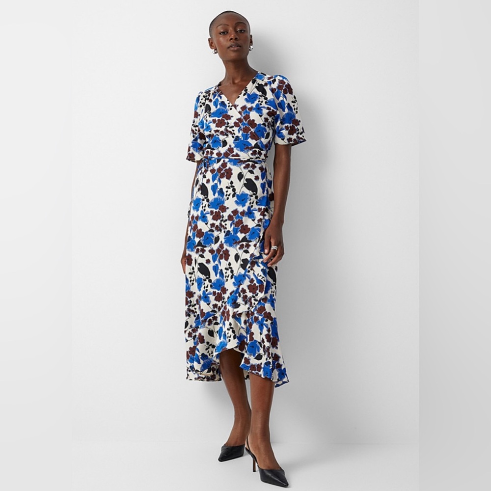 Floral Wrap Dress in Blue and Black